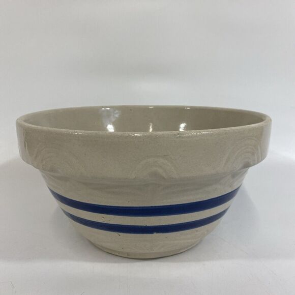 Vtg RRP ROSEVILLE OHIO POTTERY STONEWARE MIXING BOWL Blue Stripes 10” Farmhouse - Picture 1 of 11